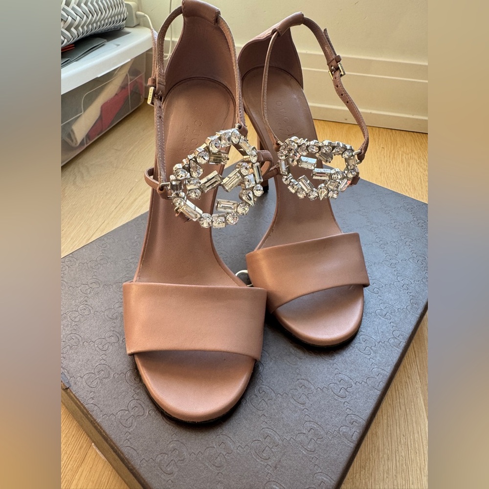 GUCCI | GG Crystal Embellished Nude Leather High Heel Strappy Sandal EU 36 US 6 - Picture 3 of 10